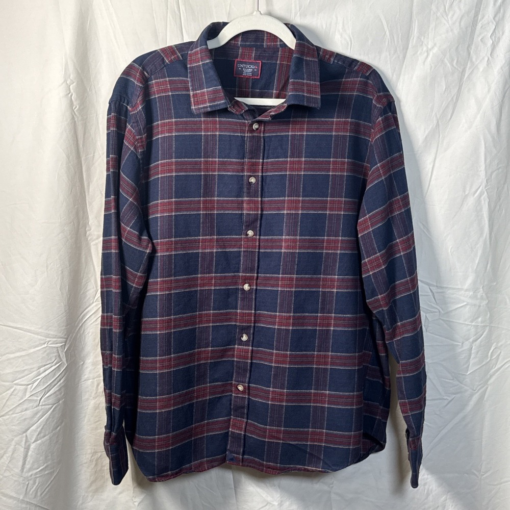 UNTUCKit - Long Sleeve Mens Button Down Flannel Burgundy / Blue Plaid - SIZE XL